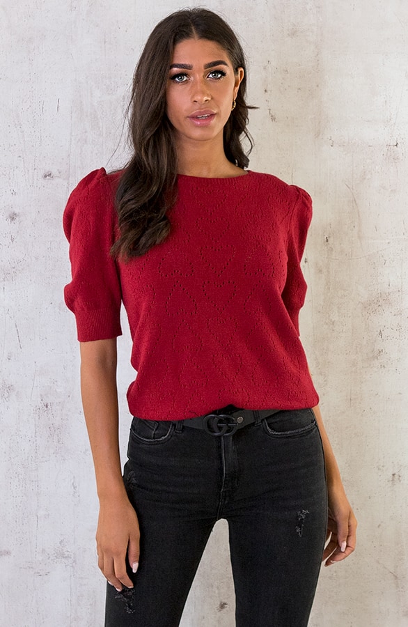 Hartjes Knitted Pofmouwen Top Bordeaux – shoparchief
