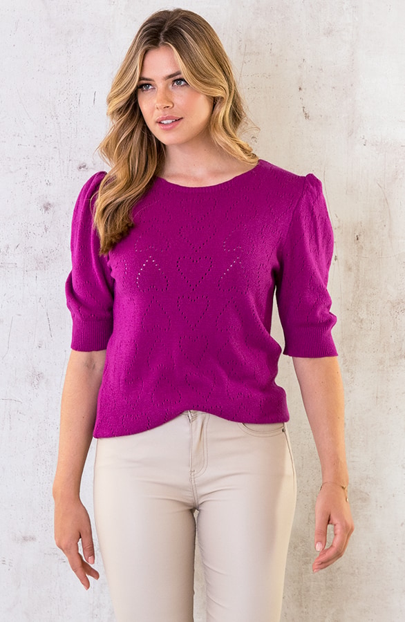Hartjes Knitted Pofmouwen Top Magenta – shoparchief, foto 4
