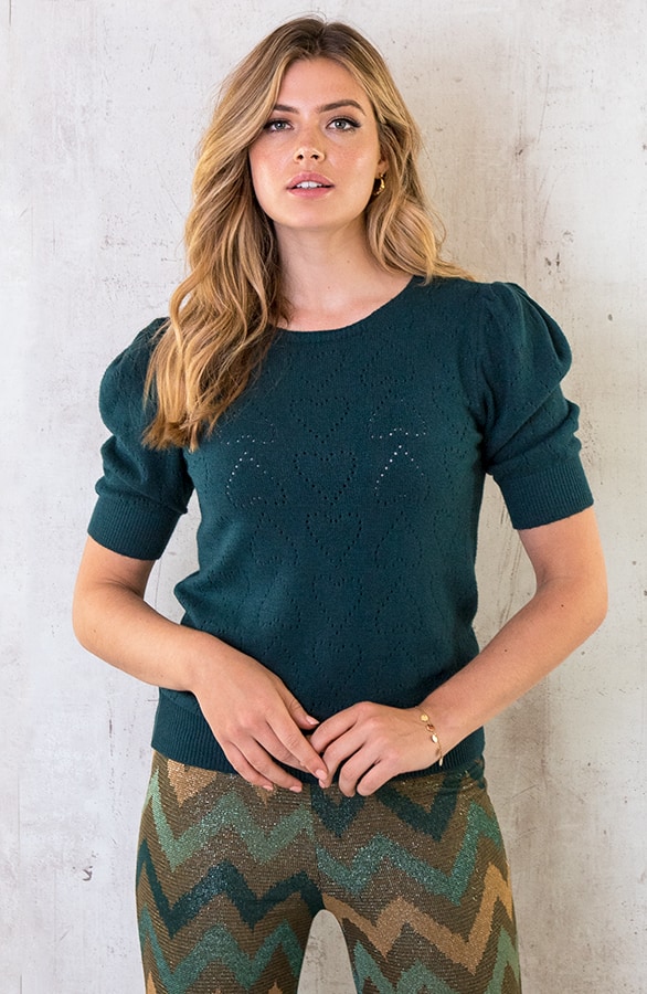 Hartjes Knitted Pofmouwen Top Smaragd – shoparchief