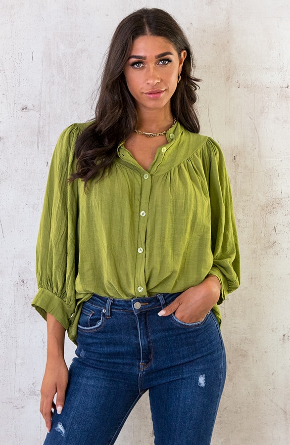 Katoenen Knopen Blouse Olive – shoparchief