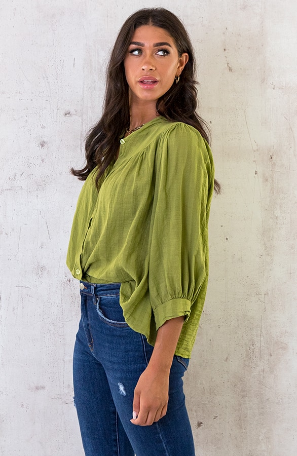 Katoenen Knopen Blouse Olive – shoparchief, foto 3