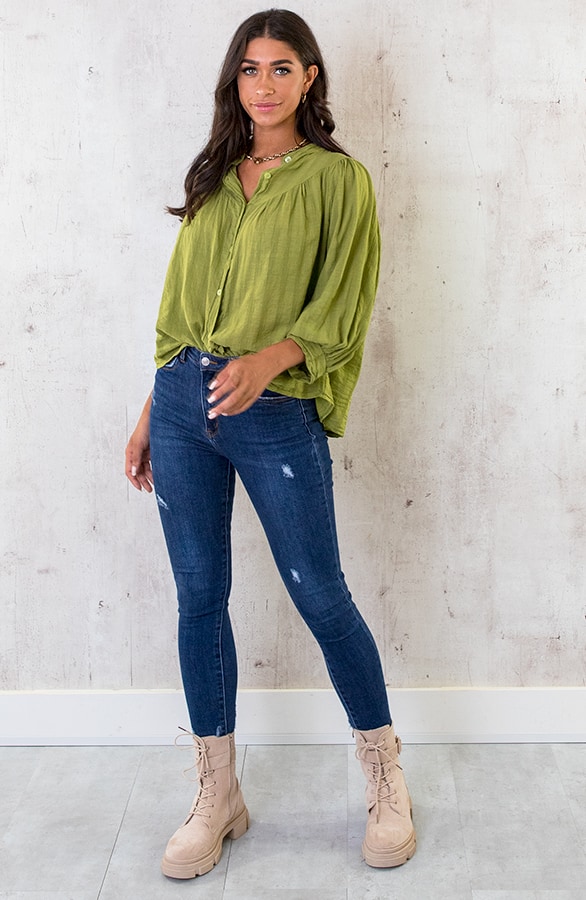 Katoenen Knopen Blouse Olive – shoparchief, foto 6