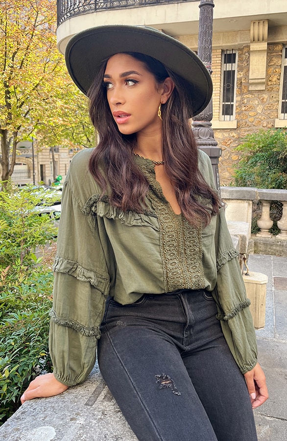 Katoenen Ruches Blouse Army – shoparchief, foto 2