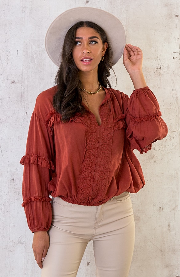 Katoenen Ruches Blouse Terracotta – shoparchief