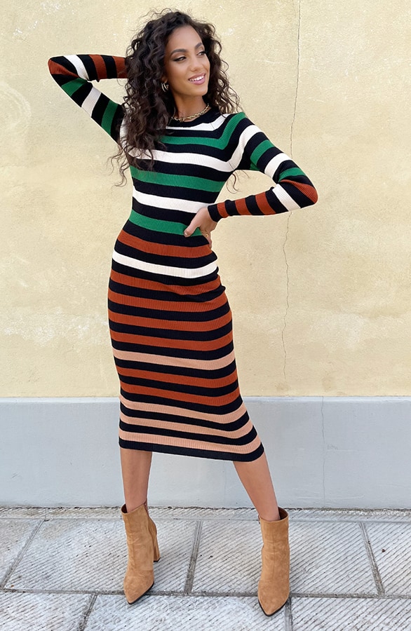 Rib Stretch Strepen Jurk Camel – shoparchief