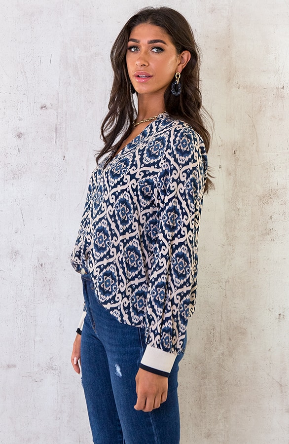 V-hals Print Blouse Blauw – shoparchief, foto 3