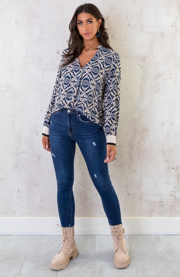 V-hals Print Blouse Blauw – shoparchief, foto 6