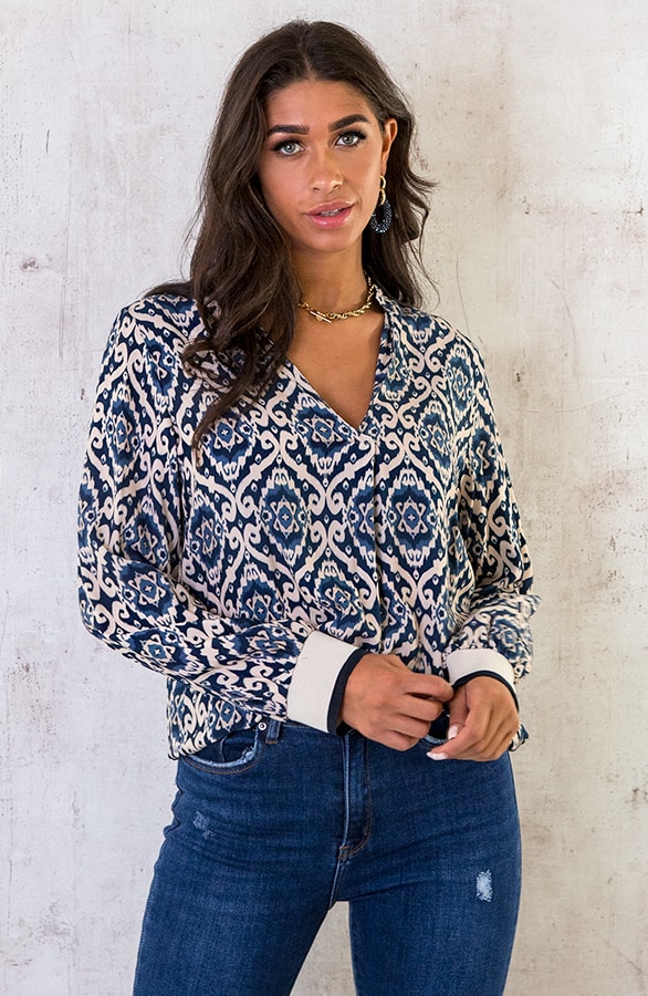 V-hals Print Blouse Blauw – shoparchief