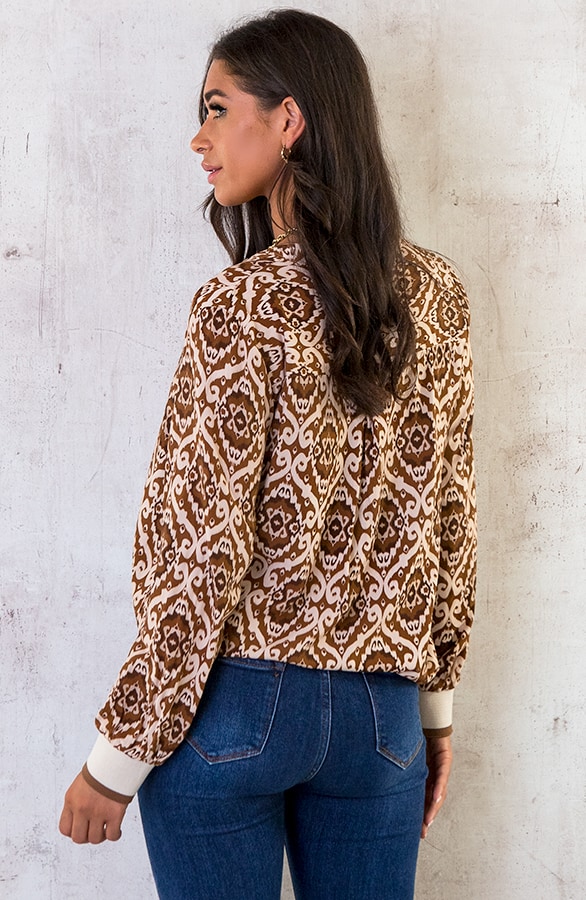 V-hals Print Blouse Camel – shoparchief, foto 4