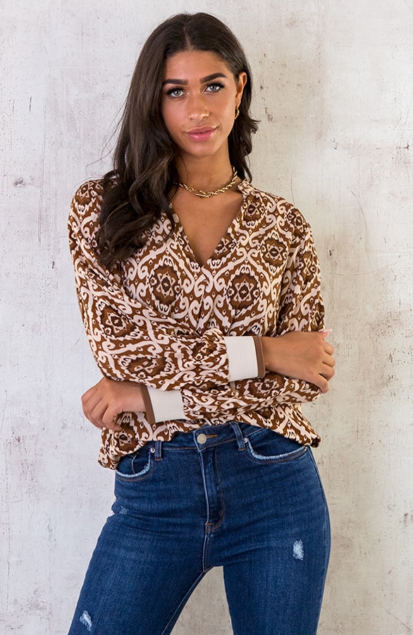 V-hals Print Blouse Camel – shoparchief, foto 2