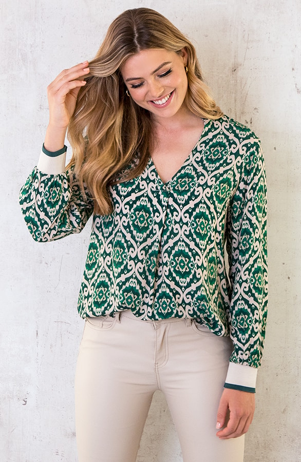 V-hals Print Blouse Groen – shoparchief, foto 2