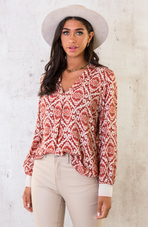 V-hals Print Blouse Terracotta – shoparchief