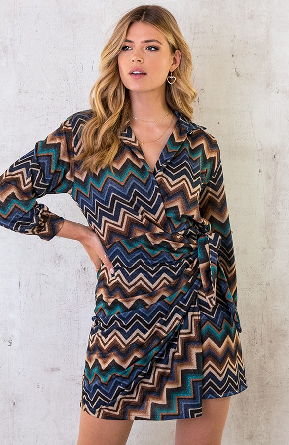 Aztec Overslag Strik Jurk Blauw – shoparchief