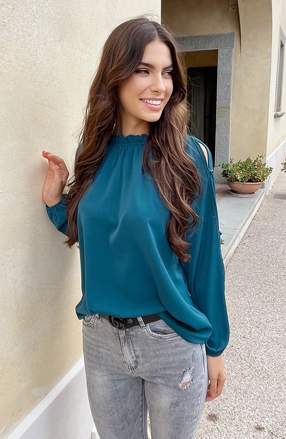 Cut Out Sleeve Blouse Petrol – shoparchief, foto 3