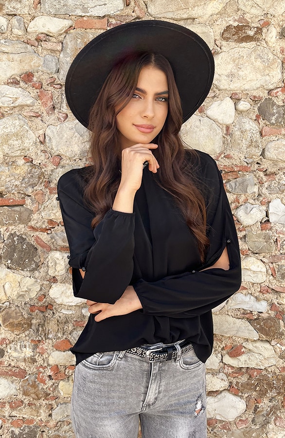 Cut Out Sleeve Blouse Zwart – shoparchief