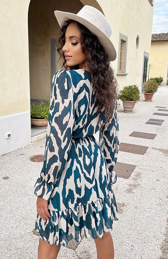Ruffle Jurk Print Petrol Beige – shoparchief, foto 5