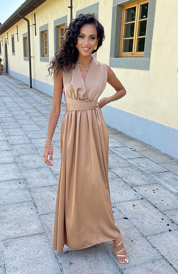 Halter Satin Dress Camel – shoparchief, foto 3
