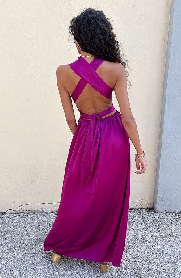 Halter Satin Dress Magenta – shoparchief, foto 4