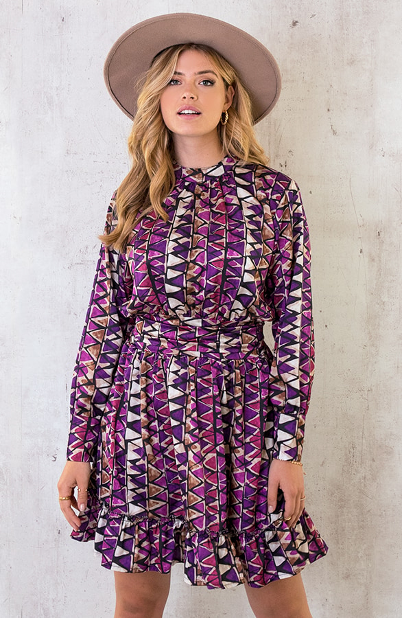 Ruffle Jurk Met Retro Print Paars – shoparchief, foto 3