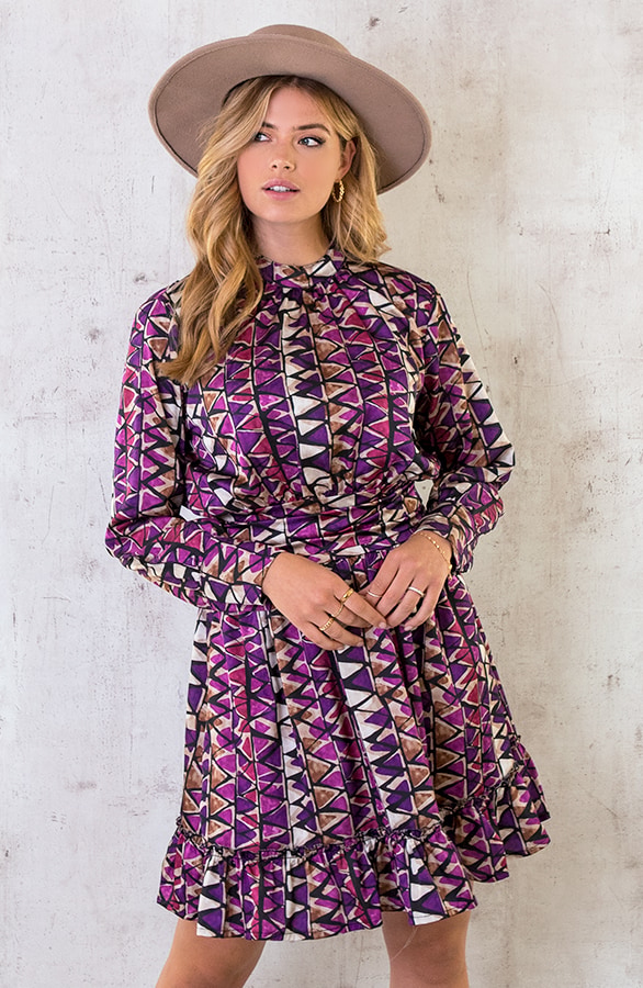 Ruffle Jurk Met Retro Print Paars – shoparchief, foto 5