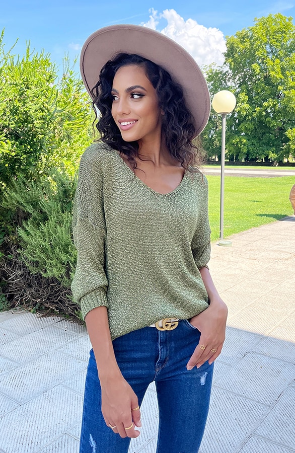 Lurex V Hals Top Olive – shoparchief, foto 2