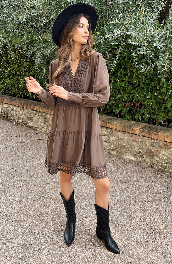 Luxe Embroidery Jurk Katoen Bruin – shoparchief, foto 8