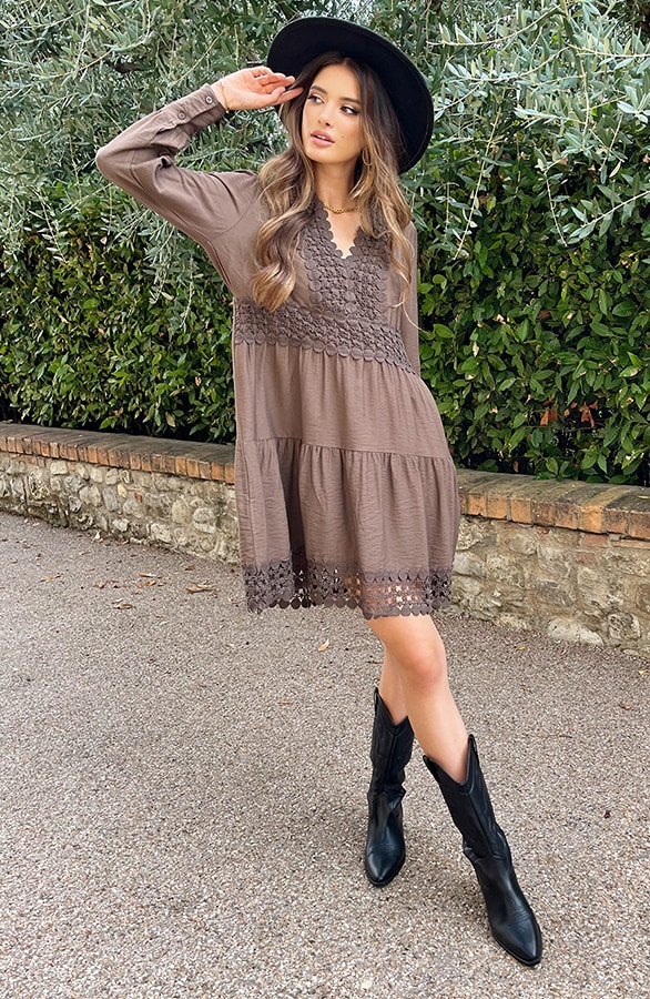 Luxe Embroidery Jurk Katoen Bruin – shoparchief, foto 7