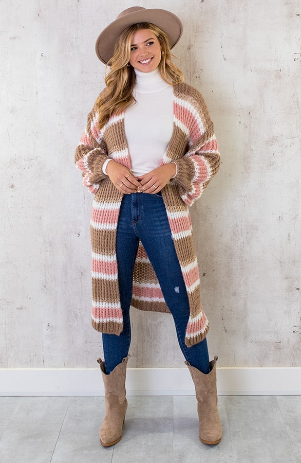 Midi Gestreept Vest Camel Roze – shoparchief