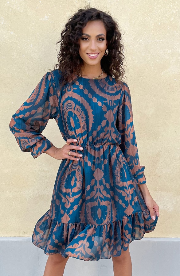 Ruffle Jurk Print Petrol Bruin – shoparchief, foto 13