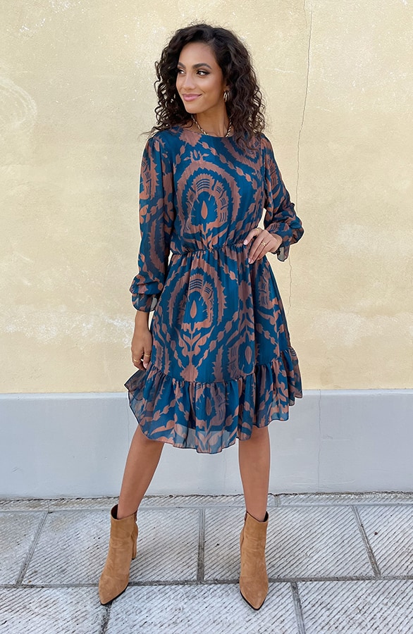 Ruffle Jurk Print Petrol Bruin – shoparchief, foto 14