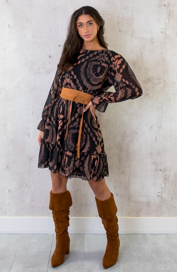 Ruffle Jurk Print Zwart Camel – shoparchief, foto 6