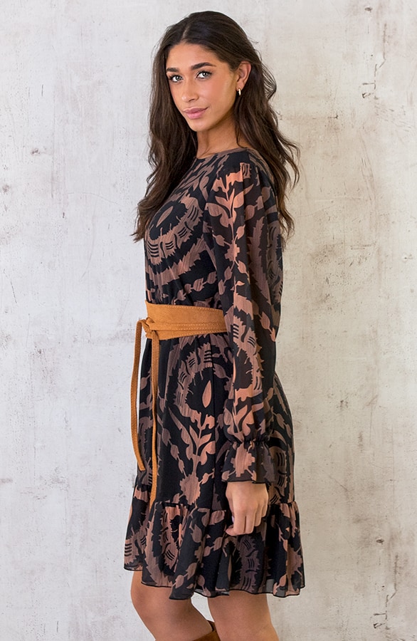 Ruffle Jurk Print Zwart Camel – shoparchief, foto 3