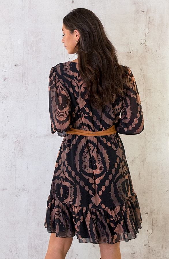 Ruffle Jurk Print Zwart Camel – shoparchief, foto 4