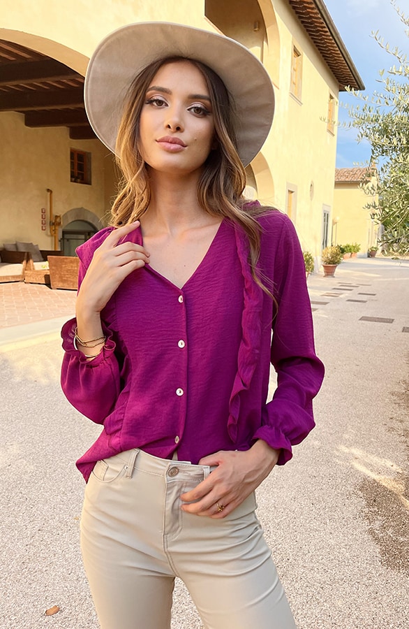 Ruffle V-hals Blouse Magenta – shoparchief, foto 3