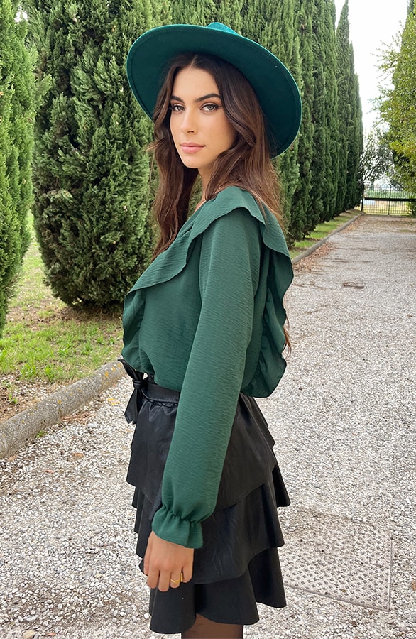 Ruffle V-hals Blouse Smaragd – shoparchief, foto 5