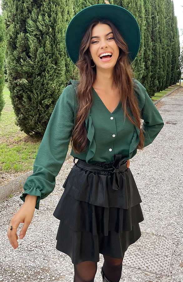 Ruffle V-hals Blouse Smaragd – shoparchief, foto 3