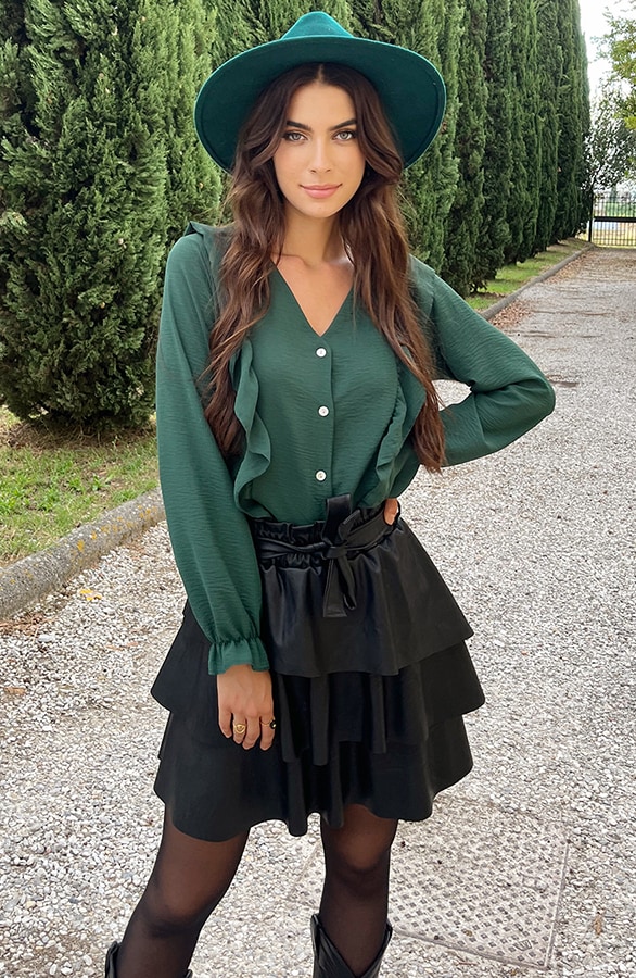 Ruffle V-hals Blouse Smaragd – shoparchief, foto 4