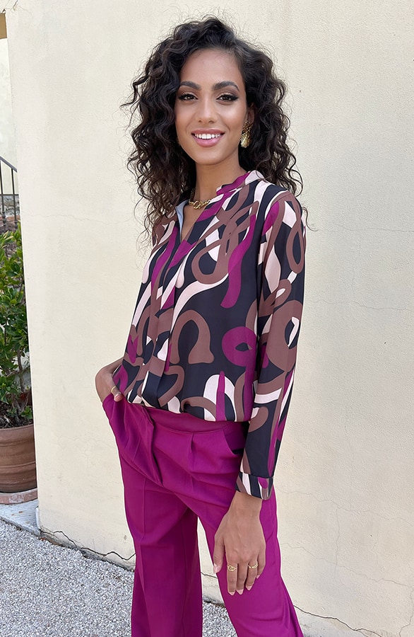 V-Hals Blouse Swirl Print Magenta Choco – shoparchief