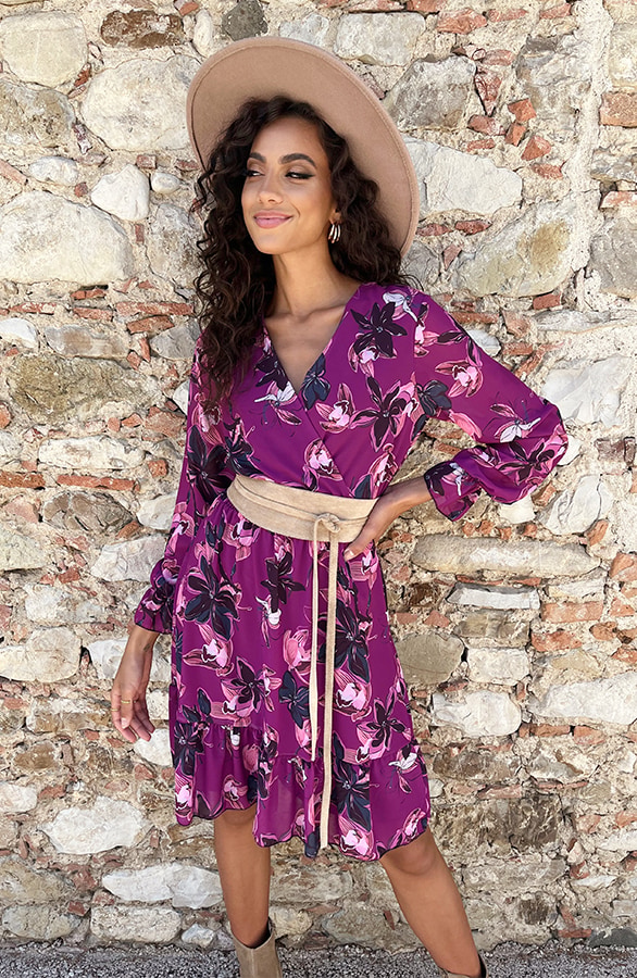V-hals Jurk Paris Bloemen Magenta – shoparchief, foto 7