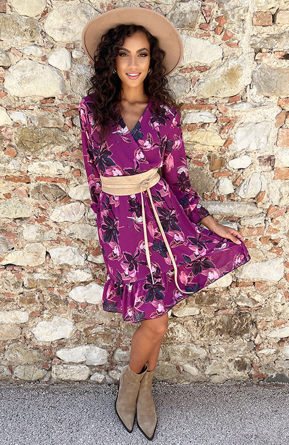 V-hals Jurk Paris Bloemen Magenta – shoparchief, foto 5