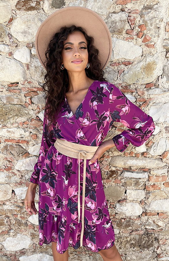 V-hals Jurk Paris Bloemen Magenta – shoparchief, foto 2