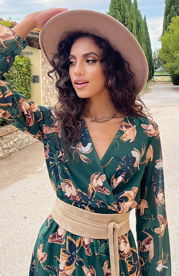 V-hals Jurk Paris Bloemen Smaragd – shoparchief, foto 5