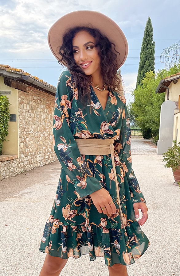 V-hals Jurk Paris Bloemen Smaragd – shoparchief