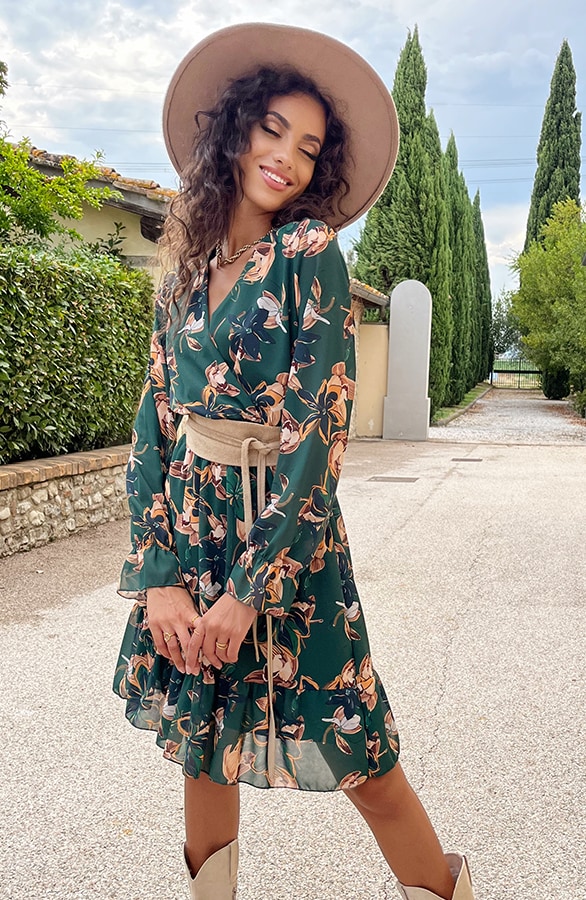 V-hals Jurk Paris Bloemen Smaragd – shoparchief, foto 3