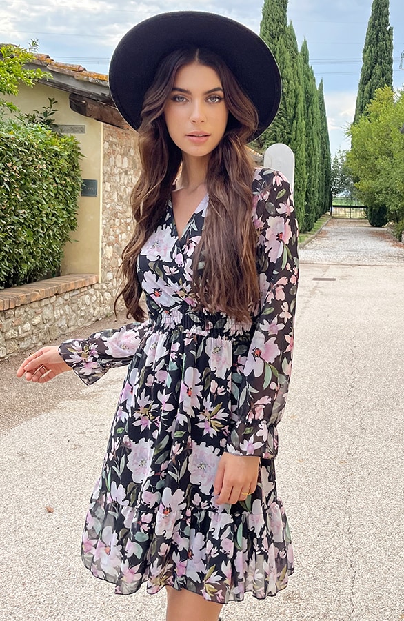 V-hals Jurk Paris Bloemen Zwart Roze – shoparchief, foto 2