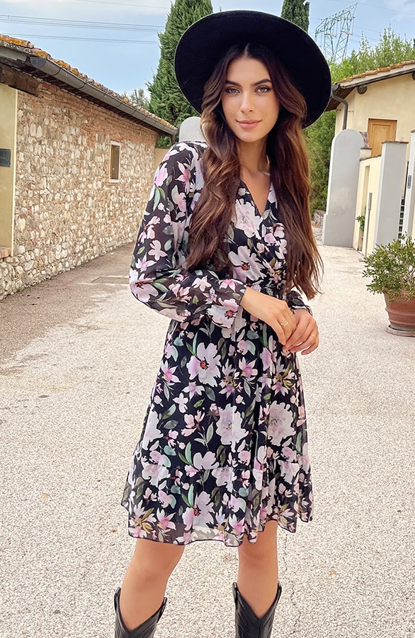 V-hals Jurk Paris Bloemen Zwart Roze – shoparchief, foto 4