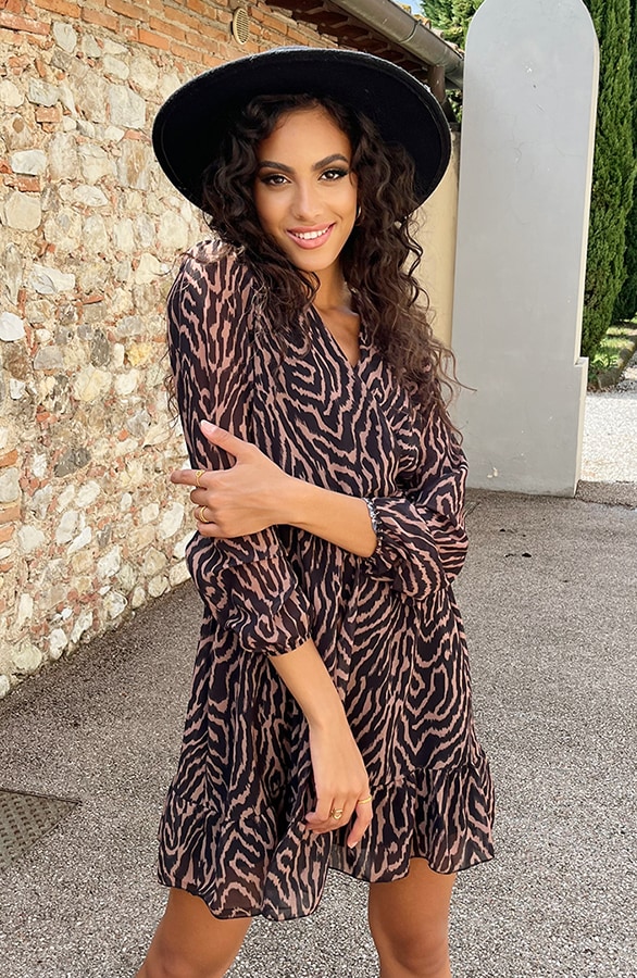 V-hals Strik Jurk Zebra Camel – shoparchief, foto 8