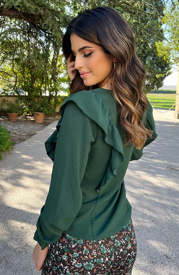Basic V-hals Ruffle Blouse Smaragd – shoparchief, foto 4