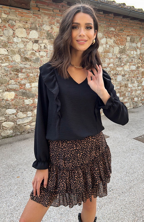 Basic V-hals Ruffle Blouse Zwart – shoparchief, foto 6