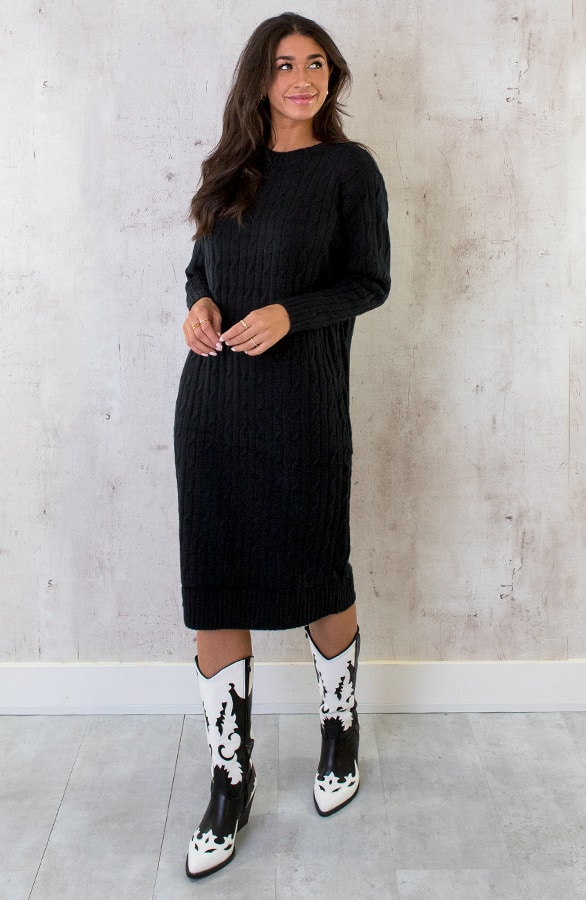 Knitted Dress Kabelpatroon Zwart – shoparchief, foto 4